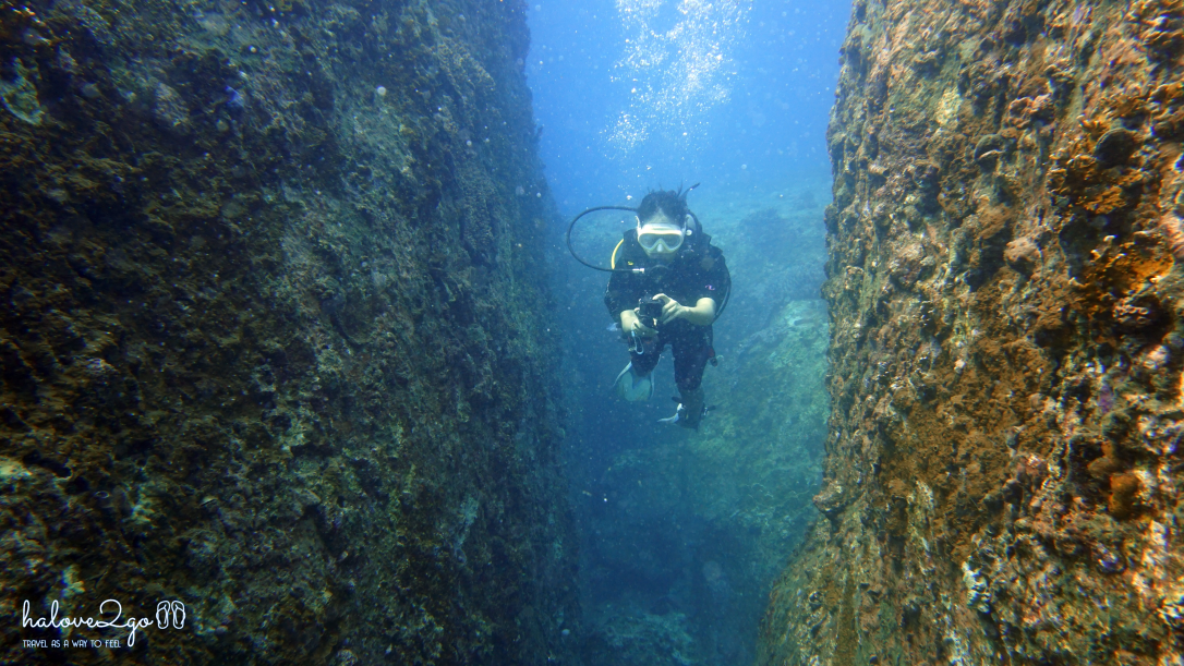 diving between narrow rocky reefs